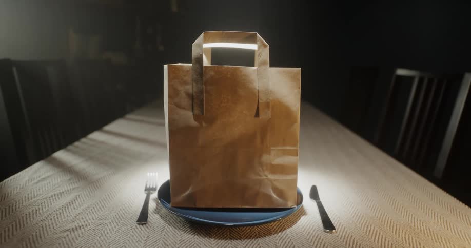 A plate and silverware are set at the end of a dining room table and a paper shopping bag is sitting on the plate