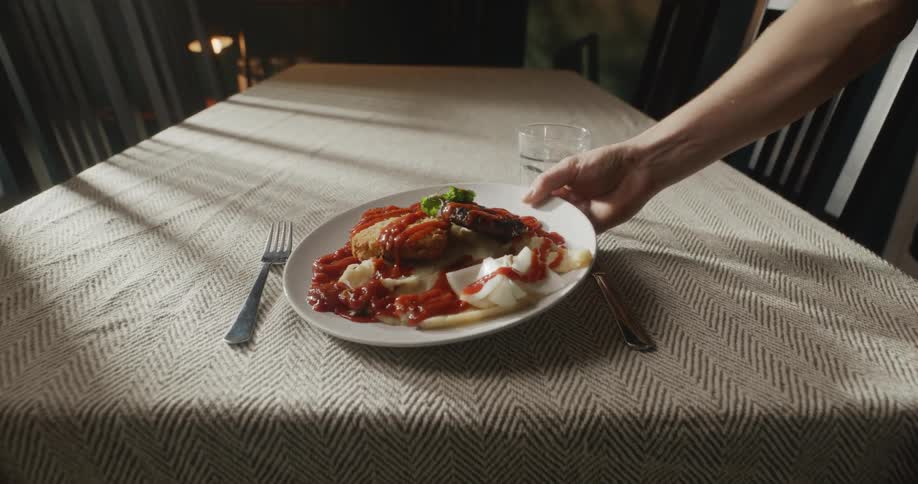 Woman puts a dish of beef on dining table with tablecloth