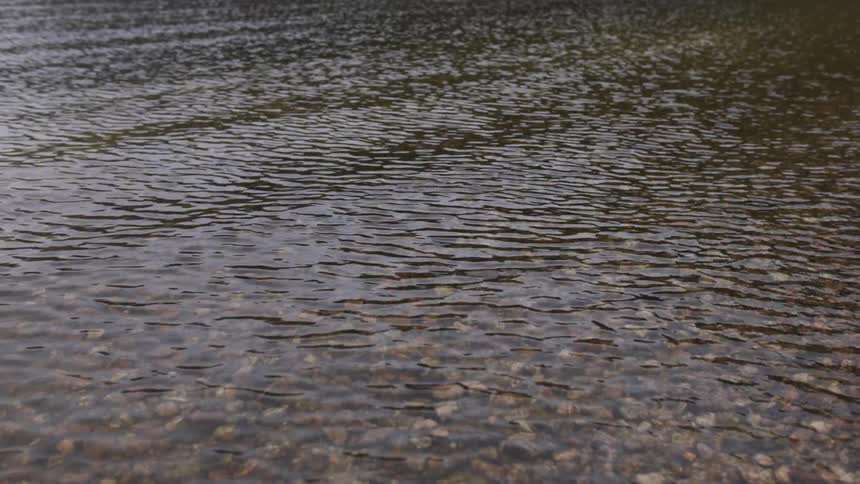Light reflects on clear shallow water as it ripples and waves and rocks are seen underwater from above