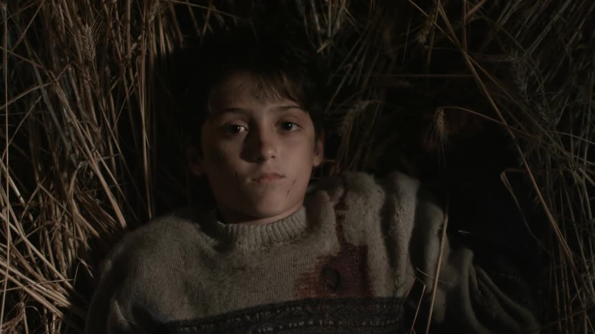 Light shines on a boy as he is lying down in hay dead with blood on his sweater
