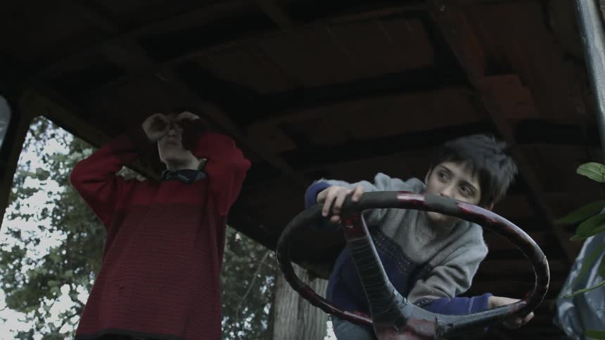 Two boys pretend to drive and navigate an empty and abandoned truck
