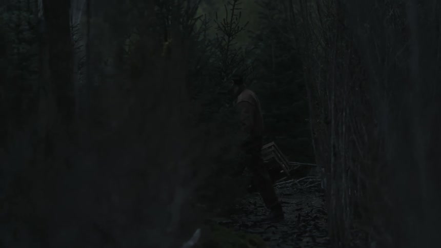 A man is walking through trees in a dark forest looking around and carrying a crate