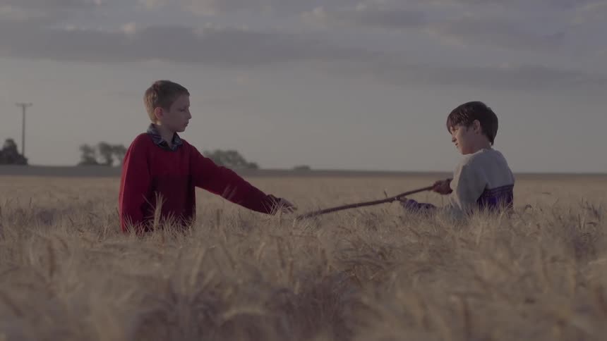 Two boys are standing in a wheat field facing each other as one boy lifts a stick and points it at the other boy as if it were a gun and the other boy pushes it down with his hand