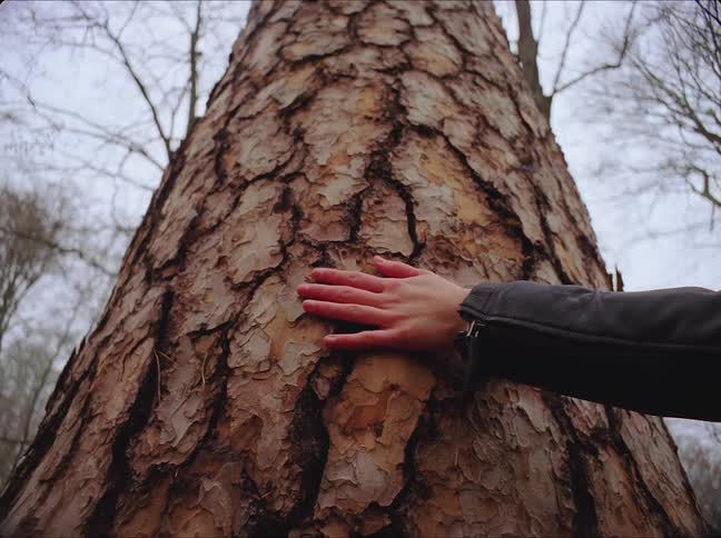 A person is touching a tree outside in the day time