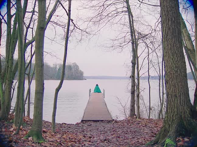 A person sitting on a pier at a lake