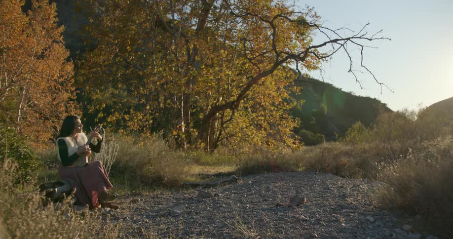 Woman with white vest and pink skirt plays ukulele singing a song near the autumn forest