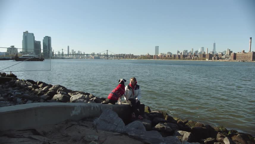A person sits on a rocky river edge with a dog
