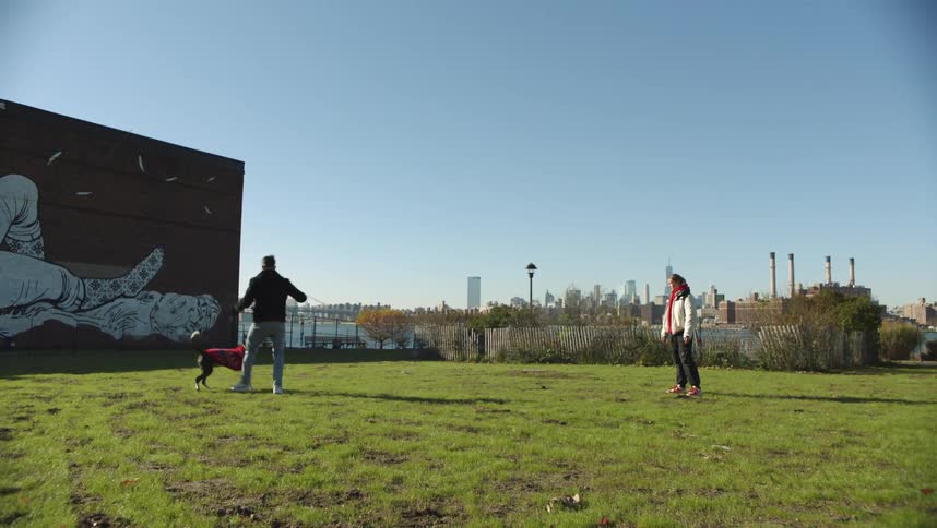 Couple playing fetch with their dog using a frisbee on an empty lot in town