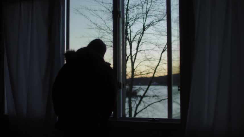 A person in a rural area looks out a window at the snowy grassland