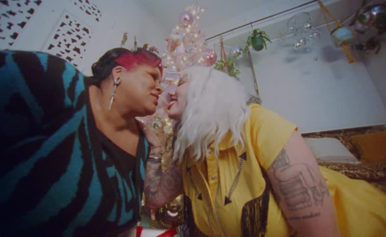 Two women lean in front of a christmas tree at home and kiss
