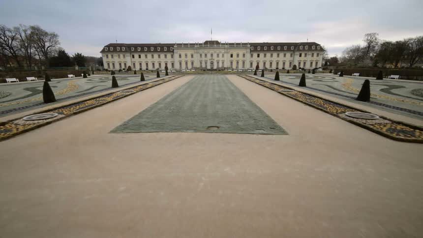 FPV drone shot of the lawn of Ludwigsburg Palace in Germany