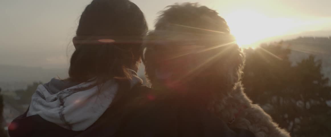 A woman is hugging her dog at sunset