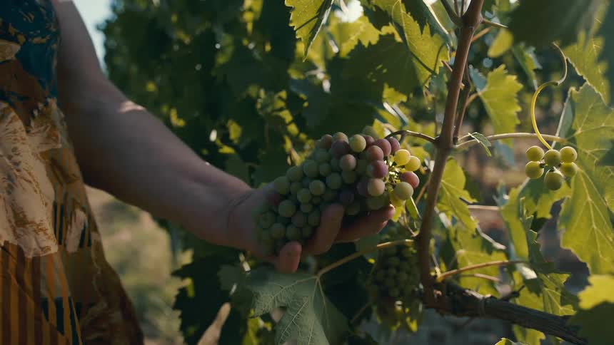 A woman wearing a dress walks by grape vines in a vineyard and holds a bunch of grapes in her hand as she looks at them