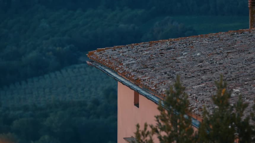 Aerial view of a roof on a house is displayed