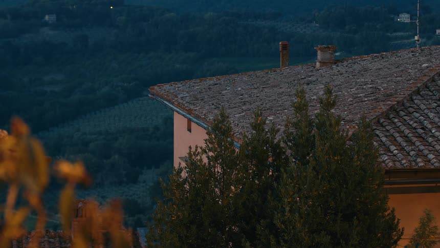 Chimney on the tiled roof of an european house in the countryside