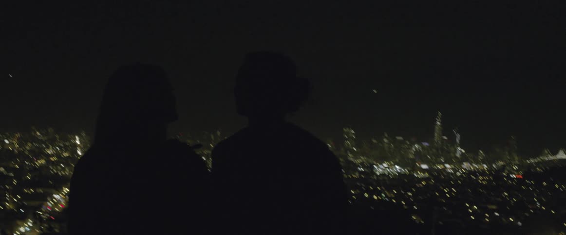 Two people look over a city from the top of a hill at night