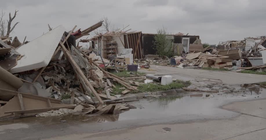 Houses are demolished with debris everywhere