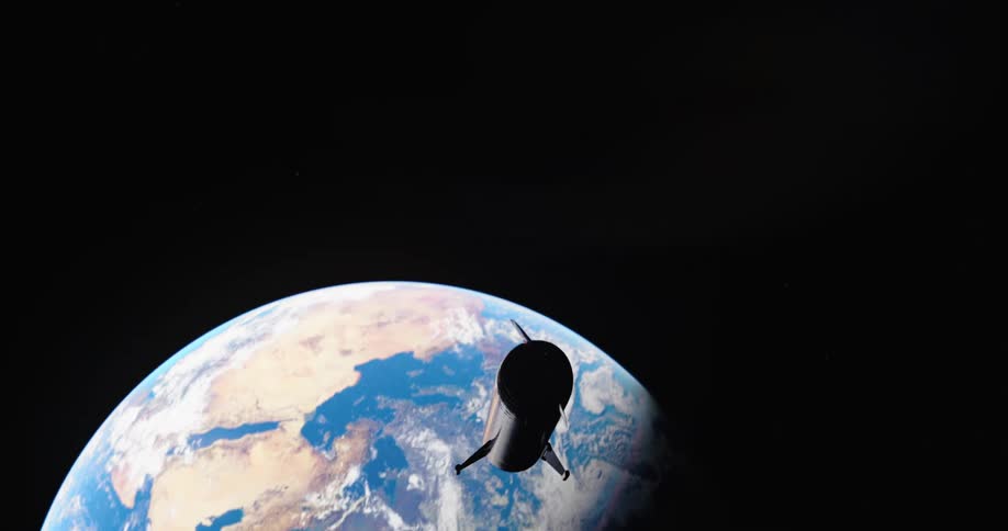 Rocket ship turns on its rocket engine as it flies away from the earth