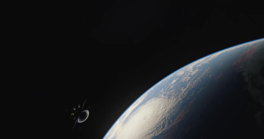 Spacecraft with burning engine flies past and away from planet earth