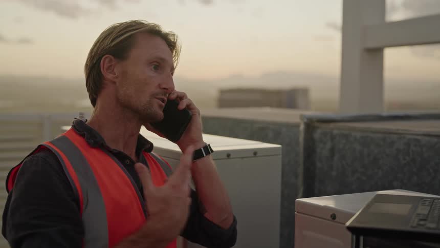 A man is outdoors talking on the phone and looking at his laptop