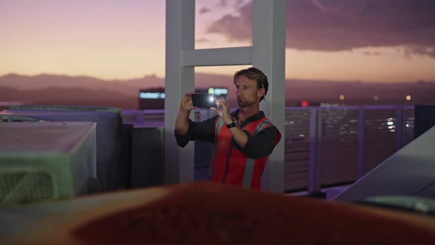 A man working on a roof top takes photos with his cell phone