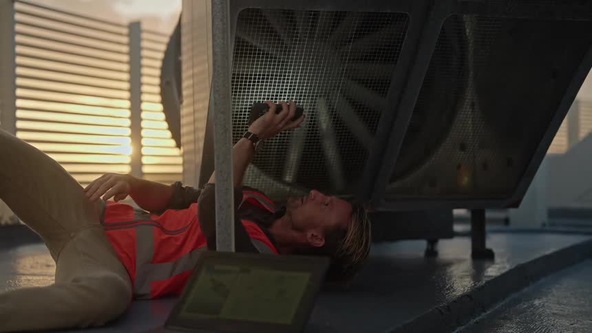 A man is lying on the floor under a machine and using the light on his phone to see inside it