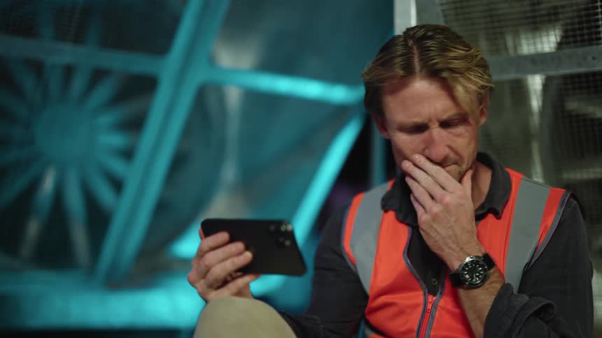 A worker is sitting down and is on his phone looking at something