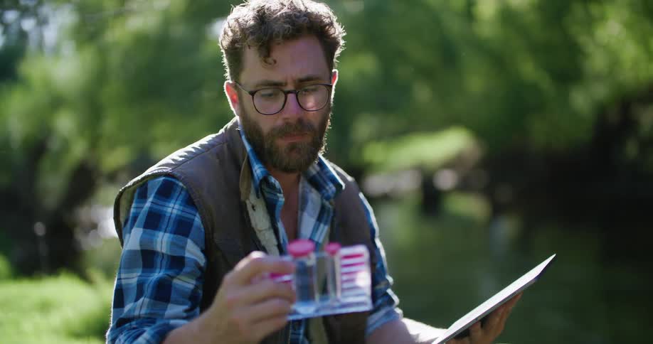 A man is sitting in the woods near a stream as he holds a tablet computer in one hand and types with the other hand as he looks at water in a container