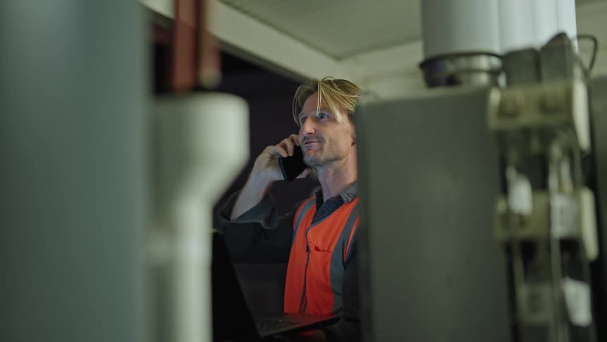 A man in an orange vest talks on his cell phone while holding his laptop