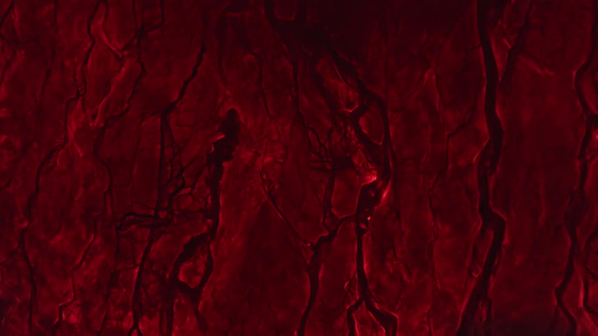 Fluid flows and creates fissures in the surface of a red solid texture