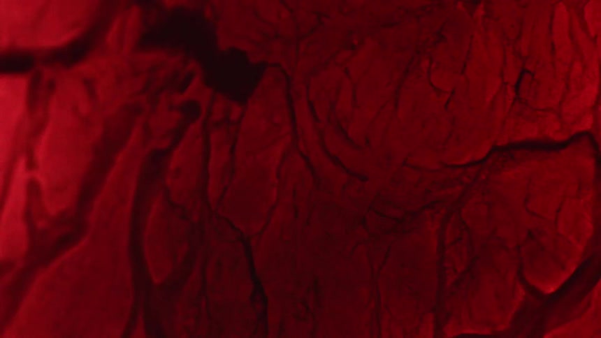 Liquid moves through the dark cracks of a red broken surface and pieces spread apart when it moves