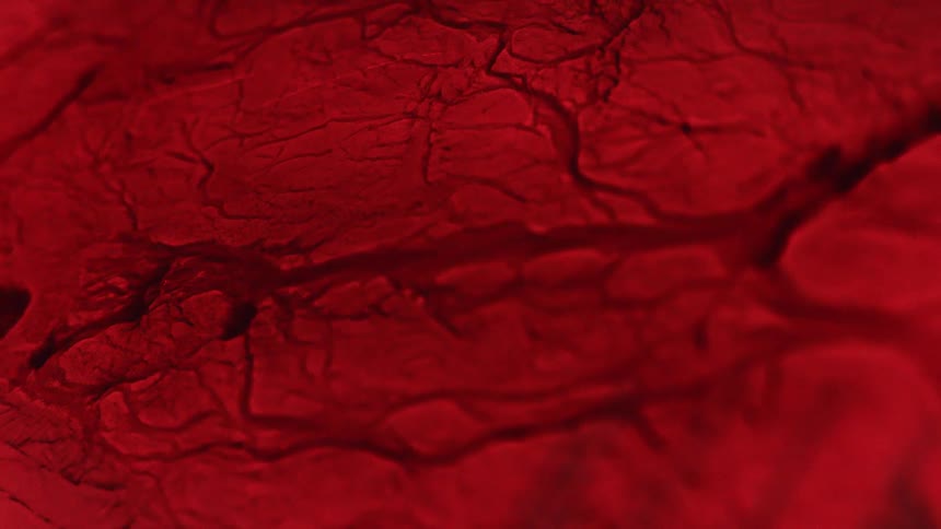 A red powdery substance that is highly magnified has cracks in it that are moving into one another