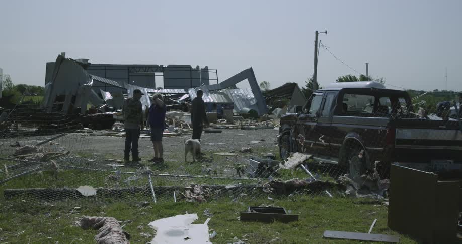 Men and a dog survey storm damage