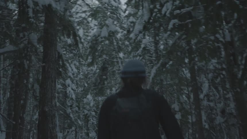 Woman with backpack walks into a snow covered forest