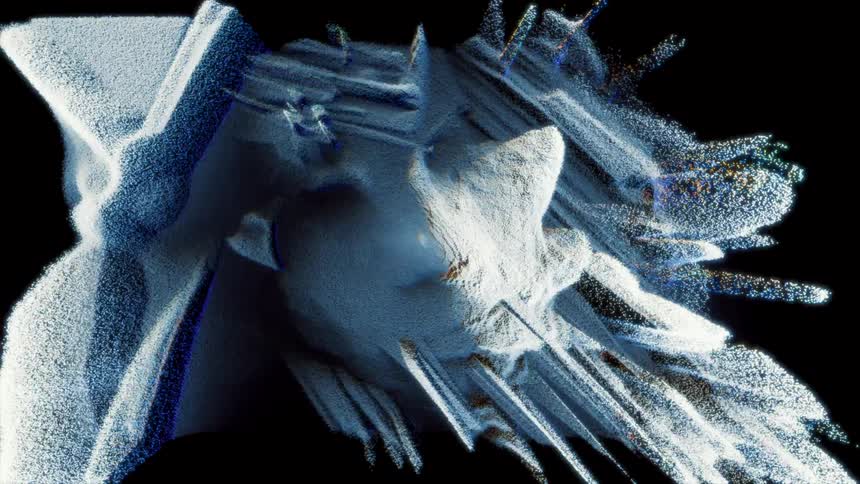 Digital image containing face like shape spreads into thin geometric layers and lines