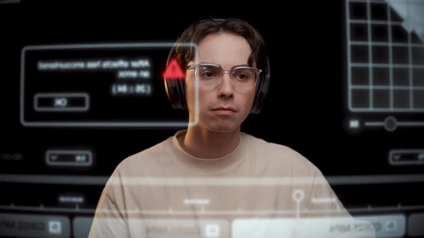Man with glasses headphones and white shirt works on computer looking at screen in dark room