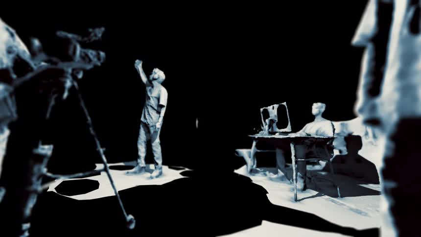 The artwork is of people using technology