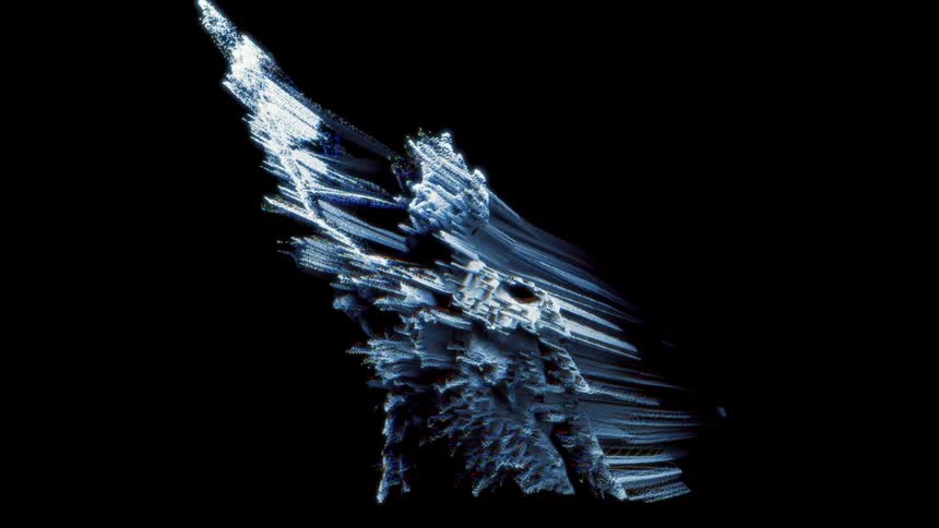 A statue is standing in the darkness and it turns into long shards extending into the night