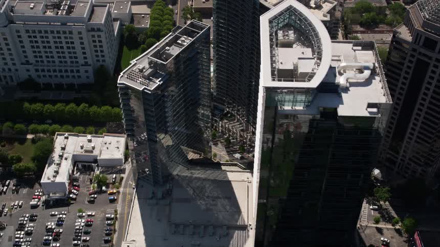 A stunning aerial view of the Loews Atlanta Hotel in midtown Atlanta Georgia during the vibrant daytime