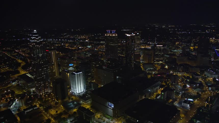 Approaching the towering skyscrapers of Downtown Atlanta Georgia at night