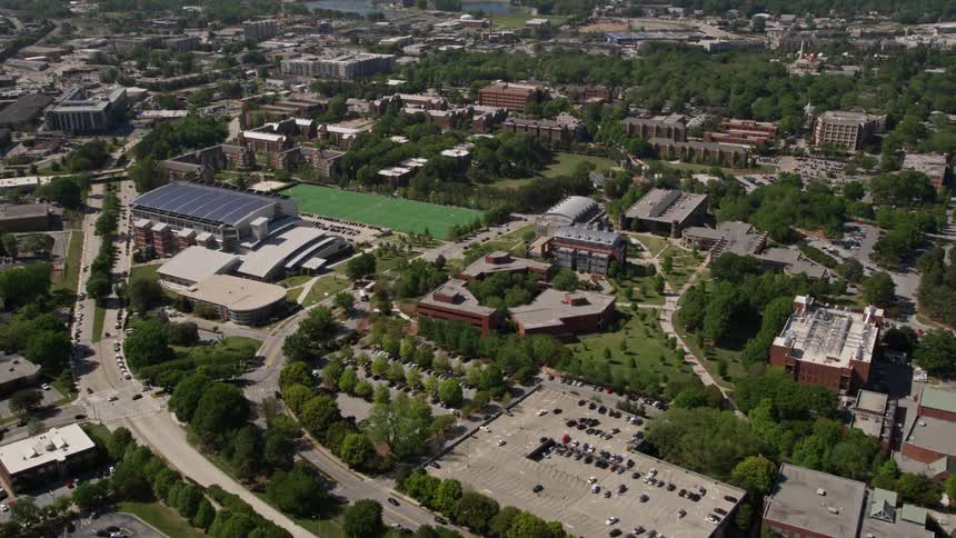 Aerial footage of Georgia Institute of Technology campus featuring a large sports field during daytime