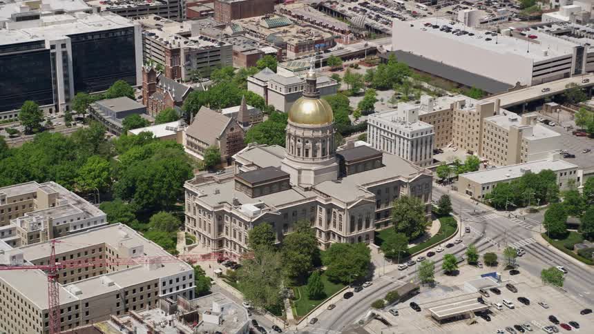 Aerial footage of Georgia State Capitol building in Downtown Atlanta during daytime