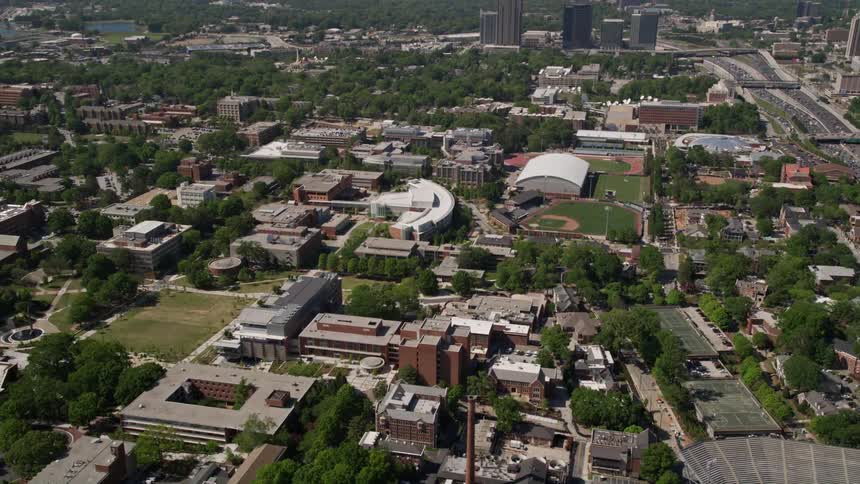 Aerial footage of Georgia Institute of Technology campus in Atlanta GA on a sunny day