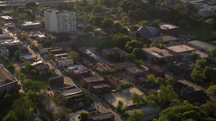 Aerial view of Martin Luther King Jr National Historic Site and memorial fountain during sunset in Atlanta Georgia