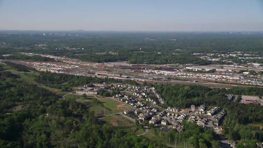 An aerial view of a train yard in Atlanta Georgia during daytime