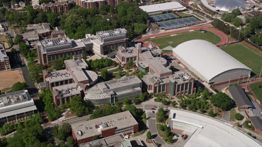 An aerial shot of Georgia Tech campus buildings in Atlanta from a birds eye view