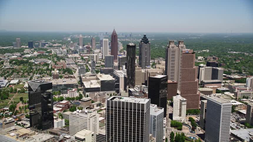 An aerial view of downtown Atlantas high rise office buildings and skyscrapers during daytime