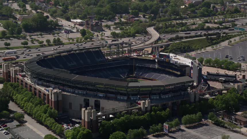 A stunning aerial view of Turner Field the home ballpark of the Atlanta Braves as vehicles drive past during a sunny day