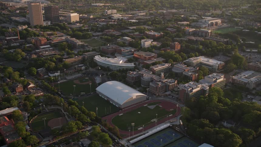 Aerial view approaching the Department of Chemical and Biomolecular Engineering at Georgia Tech during sunset