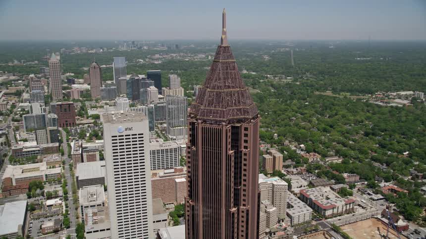 Approaching Bank of America Plaza in Midtown Atlanta from SunTrust Plaza in aerial footage
